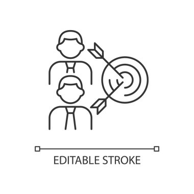 Genel hedef doğrusal simgesi. Meslektaşlar ortak bir amaca yönelirler. İki adam ve ok. İnce çizgi özelleştirilebilir illüstrasyon. Contour sembolü. Vektör izole çizim. Düzenlenebilir vuruş