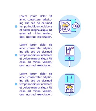 Elektrikli araçlar metin ile kavram çizgisi simgelerinden faydalanır. EV ücretsiz park alanı. Kopya uzayı ile PPT sayfa vektör şablonu. Broşür, dergi, gazete tasarımı. Beyaz üzerine 3 doğrusal illüstrasyon