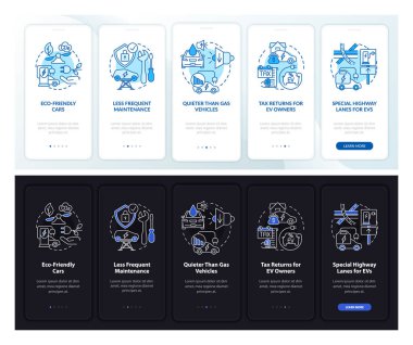 Elektrikli araçlar artı mobil uygulama sayfası ekranı. EV 'nin kazancı, konseptlerle birlikte 5 aşamalı grafik talimatlarda geçiyor. UI, UX, doğrusal gündüz ve gece modu çizimleri olan GUI vektör şablonu