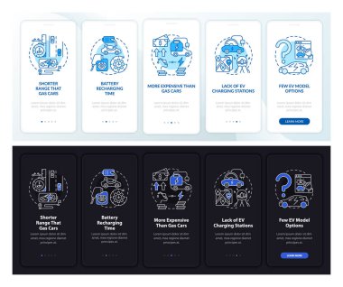 Mobil uygulama sayfa ekranında EV kötüleri var. Elektrikli araçlar, kavramlarla 5 aşamalı grafik talimatları karşılaştırır. UI, UX, doğrusal gün ile GUI vektör şablonu, gece kipi çizimleri