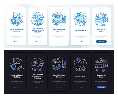 Mobil uygulama sayfa ekranında sürücüsü olmayan muhtemel kayıplar. AV uyarıları kavramlarla birlikte 5 aşamalı grafik talimatları gözden geçirir. UI, UX, doğrusal gece kipi çizimleri ile GUI vektör şablonu