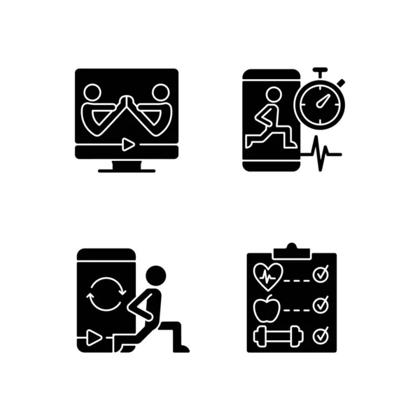 Online Fitness Wellness Programs Black Glyph Icons Set White Space — 스톡 벡터