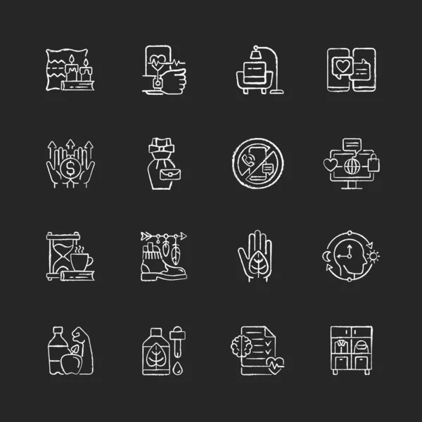 Estilo Vida Tendencias Tiza Iconos Blancos Establecidos Sobre Fondo Oscuro — Vector de stock