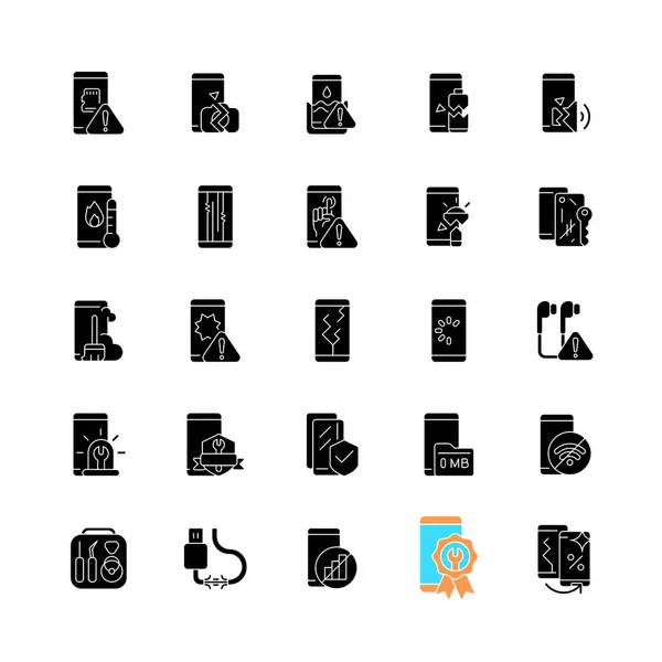 Smartphone Repair Black Glyph Icons Set White Space Mobile Phone — 스톡 벡터