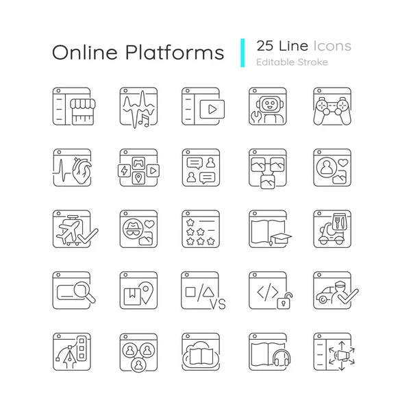 Online Platformy Lineární Ikony Nastaveny Elektronický Obchod Digitální Hudba Sociální — Stockový vektor