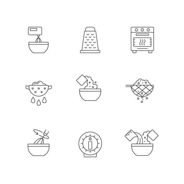 Food Cooking Instruction Linear Icons Set Beat Ingredient Bowl Grate — 스톡 벡터