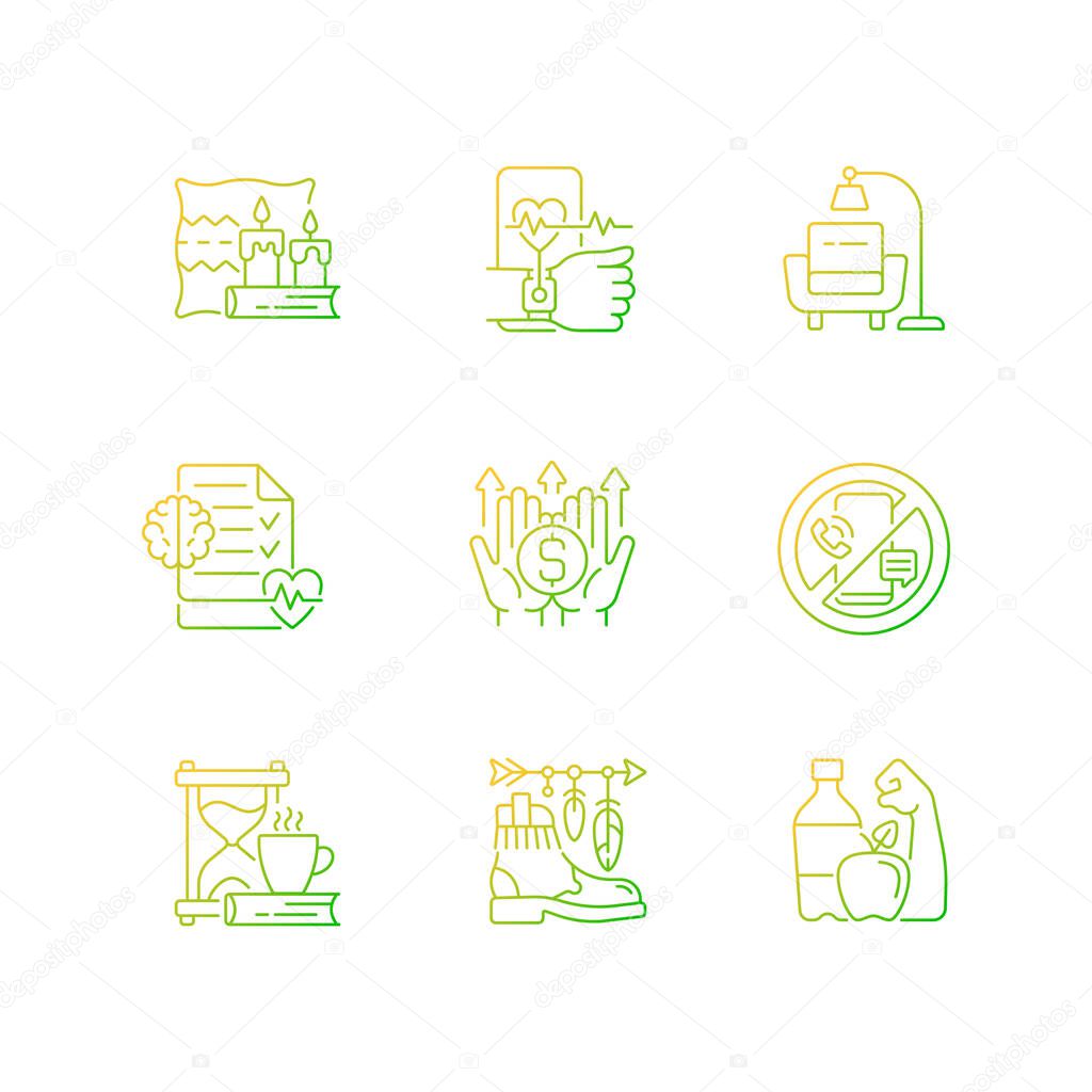 Modern lifestyle and health gradient linear vector icons set. Cozy interior. Minimalism. Mental wellbeing. Thin line contour symbols bundle. Isolated vector outline illustrations collection