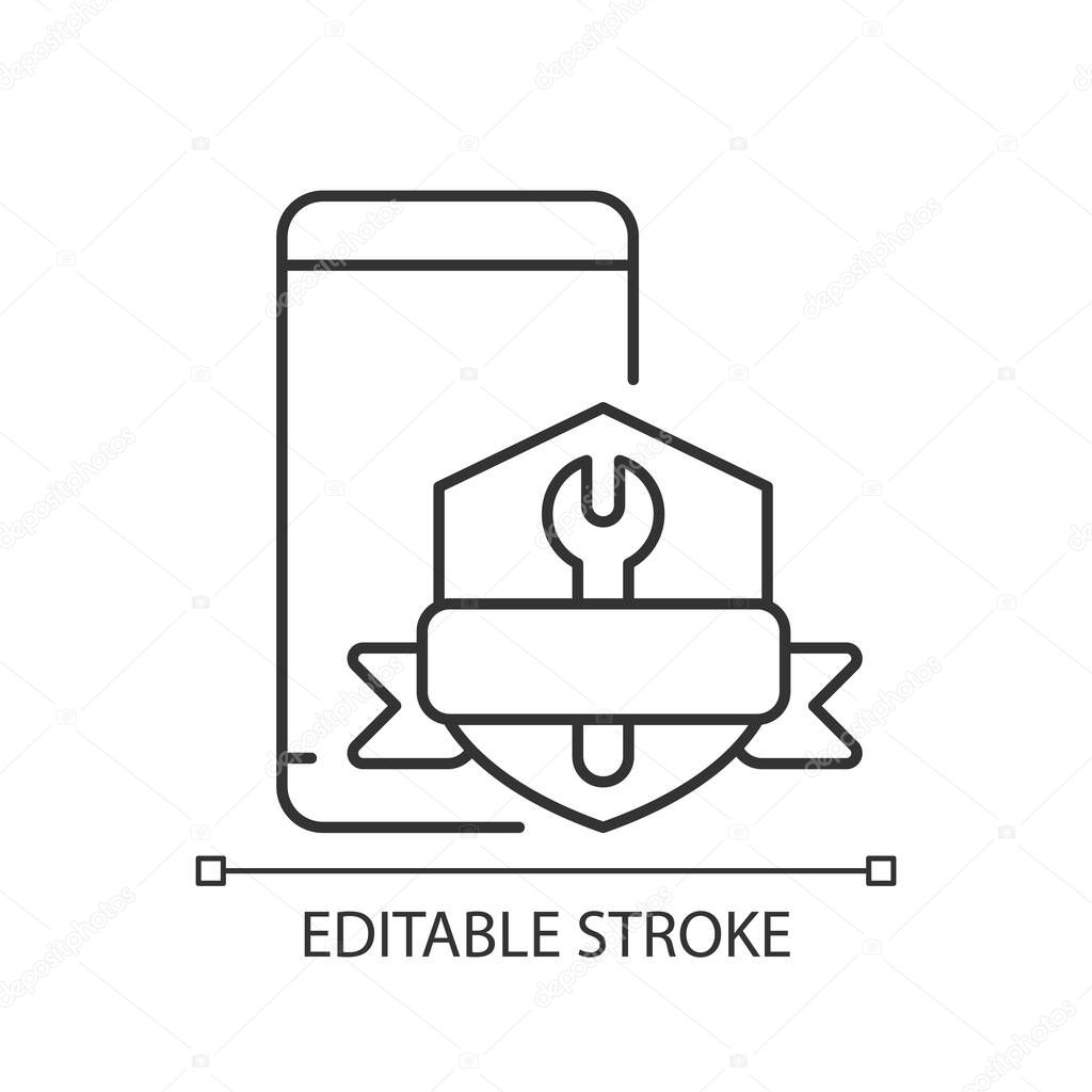 Phone repair warranty linear icon. Phone replacement and renovate insurance. Fix cracked display. Thin line customizable illustration. Contour symbol. Vector isolated outline drawing. Editable stroke