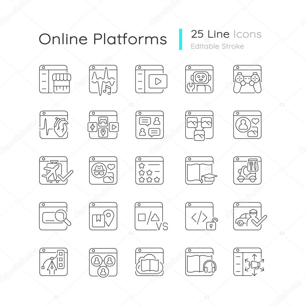 Online platforms linear icons set. E-commerce. Digital music. Social networks. Share medical data. Customizable thin line contour symbols. Isolated vector outline illustrations. Editable stroke