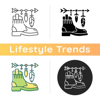 Boho yaşam tarzı ikonu. Alışılmışın dışında bir tarz uyguluyor. Hippi modası. Bohem aksesuarlar. Retro desenler. Manevi arayışlar. Lineer siyah ve RGB renk stilleri. İzole vektör çizimleri