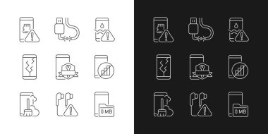 Cep telefonu teknik sorunları karanlık ve aydınlık mod için doğrusal simgeler ayarlandı. Bozuk ve başarısız akıllı telefon sorunları. Özelleştirilebilir ince çizgi sembolleri. İzole vektör çizimi çizimleri. Düzenlenebilir vuruş