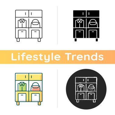 Ev organizasyonu simgesi. Akıllı depolama çözümleri. Evdeki düzeni sağlamak. Boşluk genişletiliyor. Stresi azaltıyor. Verimliliği arttırıyorum. Lineer siyah ve RGB renk stilleri. İzole vektör çizimleri