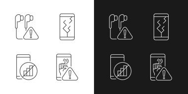 Akıllı telefon bozulmaları, karanlık ve aydınlık moduna ayarlı doğrusal simgeler. Kulaklık bağlantısı sorunu. Dokunmatik ekran başarısız oldu. Özelleştirilebilir ince çizgi sembolleri. İzole vektör çizimi çizimleri. Düzenlenebilir vuruş