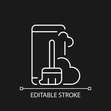 Telefonun içindeki toz ve toprak koyu renk tema için beyaz doğrusal simge. Akıllı telefon ve süpürge. Tozu temizle. İnce çizgi özelleştirilebilir illüstrasyon. Gece modu için izole vektör kontur sembolü. Düzenlenebilir vuruş