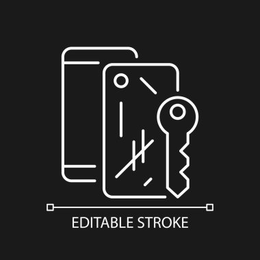 Koyu renk tema için çizilmiş beyaz konut simgesi. Hasarlı cep telefonu kılıfı ve barınma yeri. İnce çizgi özelleştirilebilir illüstrasyon. Gece modu için izole vektör kontur sembolü. Düzenlenebilir vuruş