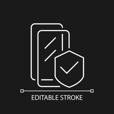 Ekran koruyucuları koyu tema için beyaz doğrusal simge. Cep telefonu bekçisini göster. Ekran koruması. İnce çizgi özelleştirilebilir illüstrasyon. Gece modu için izole vektör kontur sembolü. Düzenlenebilir vuruş
