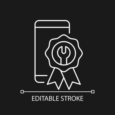 Koyu tema için sertifikalı beyaz doğrusal simge. Akıllı telefon tadilatı onayladı. Resmi hizmet. İnce çizgi özelleştirilebilir illüstrasyon. Gece modu için izole vektör kontur sembolü. Düzenlenebilir vuruş