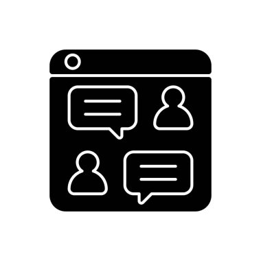 Sosyal tartışma platformları siyah kabartma simgesi. İnternet sitesine mesajlar ve sorular yüklüyorum. Sohbet odaları. Çevrimiçi forum. Sohbet ediyoruz. Beyaz uzayda siluet sembolü. Vektör izole illüstrasyonu