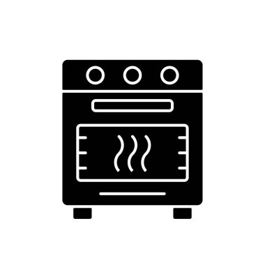 Fırında siyah kabartma ikonu. Ev yapımı fırın. Ev ocağında kızartılmış yemek. Yemek pişirme dersi. Yemek hazırlama süreci. Beyaz uzayda siluet sembolü. Vektör izole illüstrasyonu