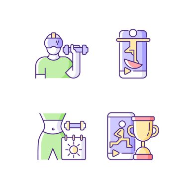 Çevrimiçi fitness maratonları ve RGB renk simgeleri ayarlandı. Sanal gerçeklik ve denge eğitimi. Ev becerisi geliştirme programı. İzole vektör çizimleri. Basit çizgi çizimleri koleksiyonu