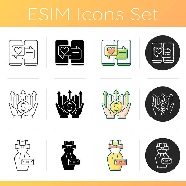 Modern lifestyle and health icons set. Online dating. Wealth building. Vintage fashion. Matchmaking service. Financial decisions. Linear, black and RGB color styles. Isolated vector illustrations
