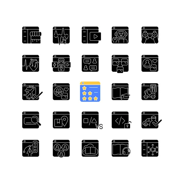 オンラインプラットフォーム白空間に設定された黒のグリフアイコン 電子商取引 デジタル音楽 ソーシャルネットワーク 医療データを共有する ビデオゲームをしてる シルエットのシンボル ベクトル分離図 — ストックベクタ