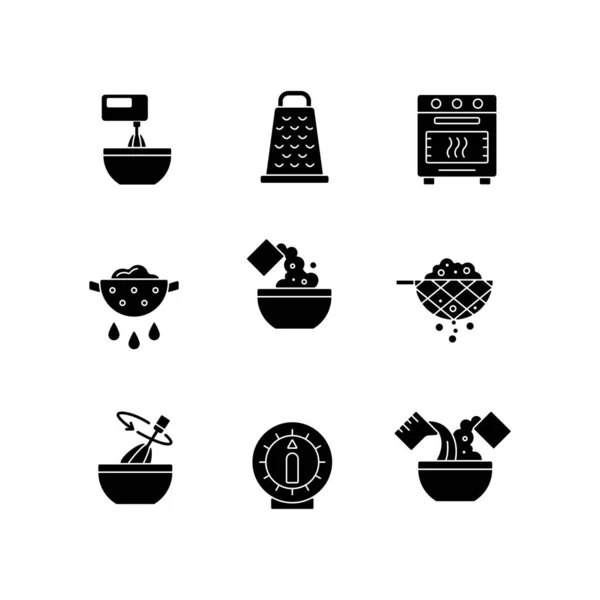 食物烹调说明黑色石榴图标设置在白色的空间 用碗打配料 切割的木箱 准备食物的过程 轮廓符号 矢量孤立的说明 — 图库矢量图片