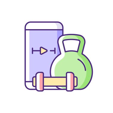 Çevrimiçi halter egzersizleri RGB renk simgesi eğitimi veriyor. Suyu iyileştirme, dayanıklılık ve ağırlık yönetimi. Kişisel fitness dersleri. İzole vektör çizimi. Basit doldurulmuş çizgi çizimi