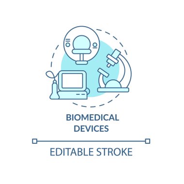 Biyomedikal cihazlar konsept simgesi. İnsani yardım malzemeleri ve teknolojik ürün donanımı soyut fikir ince çizgi çizimi. Vektör izole edilmiş dış hat renk çizimi. Düzenlenebilir vuruş