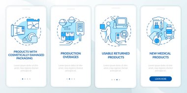 İnsani yardım üreticileri mobil uygulama sayfası ekranında. Tıbbi yardım, konseptlerle birlikte dört aşamalı grafik talimatları inceliyor. UI, UX, doğrusal renk çizimleri olan GUI vektör şablonu