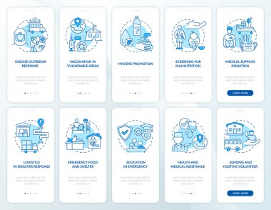 Mobil uygulama sayfası ekranında insani yardım. Felaket salgını müdahalesi. Konseptlerle birlikte 10 aşamalı grafik talimatlar. UI, UX, doğrusal renk çizimleri olan GUI vektör şablonu