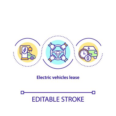 Elektrikli araçlar konsept kiralama ikonu. EV kiralama hizmeti soyut fikir ince çizgi çizimi. Bütünlük ve kişisel çözümler. Özel teklifler. Vektör izole edilmiş dış hat renk çizimi. Düzenlenebilir vuruş