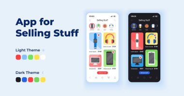 Çizgi film akıllı telefon arayüzü vektör şablonları satma uygulaması. Mobil uygulama ekran günü ve karanlık mod tasarımı. Uygulama için piyasa platformu UI. Düz karakterli telefon görüntüsü