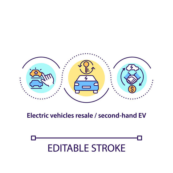 Electric vehicles resale concept icon. Second-hand EV abstract idea thin line illustration. Used cars for sale. Buying car accepbtable solutions. Vector isolated outline color drawing. Editable stroke