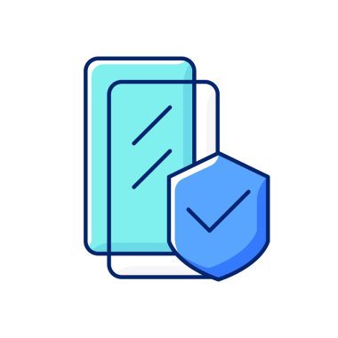 Ekran koruyucuları RGB renk simgesi. Cep telefonu bekçisini göster. Ekran camı kaplaması. Kırık cep telefonu dokunmatik ekran çözeltisi. İzole vektör çizimi. Basit doldurulmuş çizgi çizimi