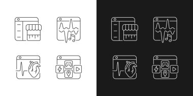 Karanlık ve aydınlık mod için dijital servis doğrusal simgeleri ayarlandı. Müzik akışı. E-ticaret. Tıbbi platformlar. Özelleştirilebilir ince çizgi sembolleri. İzole vektör çizimi çizimleri. Düzenlenebilir vuruş