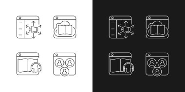 Karanlık ve aydınlık mod için çevrimiçi servis simgeleri başlatılıyor. İçerik dağıtım platformları. Özelleştirilebilir ince çizgi sembolleri. İzole vektör çizimi çizimleri. Düzenlenebilir vuruş