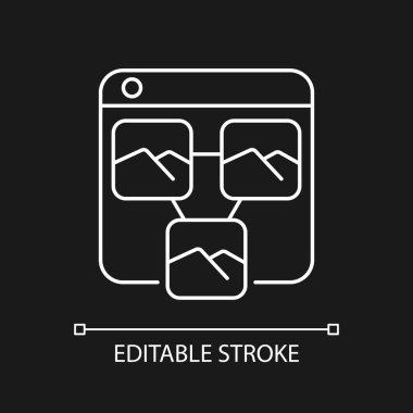 Karanlık tema için fotoğraf paylaşım platformları beyaz doğrusal simge. Medya deposu. Bulutlarda fotoğraf arşivliyorum. İnce çizgi özelleştirilebilir illüstrasyon. Gece modu için izole vektör kontur sembolü. Düzenlenebilir vuruş