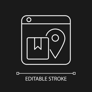 Koyu tema için beyaz doğrusal simgeyi sırala. Sevkiyat detaylarını takip et. İnternetten alışveriş. İnce çizgi özelleştirilebilir illüstrasyon. Gece modu için izole vektör kontur sembolü. Düzenlenebilir vuruş