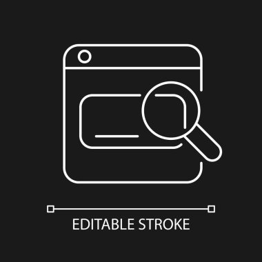 Karanlık tema için motorların beyaz doğrusal simgesini ara. İnternetten bilgi topluyorum. İnce çizgi özelleştirilebilir illüstrasyon. Gece modu için izole vektör kontur sembolü. Düzenlenebilir vuruş