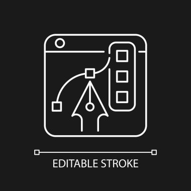 Grafik tasarım platformları koyu tema için beyaz doğrusal simge oluşturur. Deneyimli dijital sanatçılar için bir araç. İnce çizgi özelleştirilebilir illüstrasyon. Gece modu için izole vektör kontur sembolü. Düzenlenebilir vuruş
