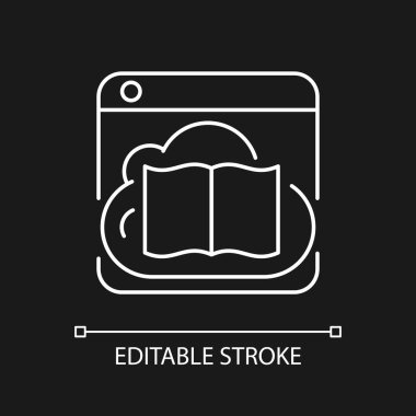 Karanlık tema için çevrimiçi kütüphane beyaz doğrusal simgesi. Kitaplı, belgeli dijital veri tabanı. İnce çizgi özelleştirilebilir illüstrasyon. Gece modu için izole vektör kontur sembolü. Düzenlenebilir vuruş