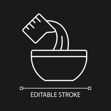 Koyu renk tema için beyaz doğrusal yemek ikonu dökün. Bovlinge sıvı ekliyorum. Pişirme işlemi. İnce çizgi özelleştirilebilir illüstrasyon. Gece modu için izole vektör kontur sembolü. Düzenlenebilir vuruş
