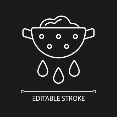 Karanlık tema için beyaz yiyecek doğrusal simgesini boşalt. Makarnayı sudan çalkalamak. Yemek pişirme dersi. İnce çizgi özelleştirilebilir illüstrasyon. Gece modu için izole vektör kontur sembolü. Düzenlenebilir vuruş