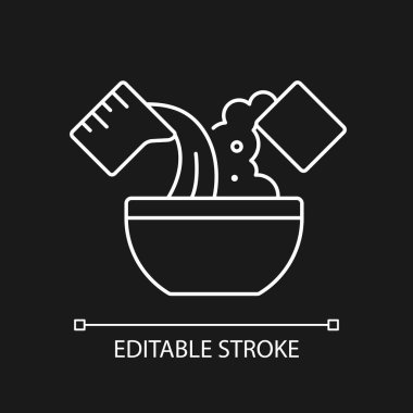 Koyu tema için beyaz doğrusal yemek pişirme ikonu karıştırılıyor. Hamur yapmak için kaseye su ekle. İnce çizgi özelleştirilebilir illüstrasyon. Gece modu için izole vektör kontur sembolü. Düzenlenebilir vuruş