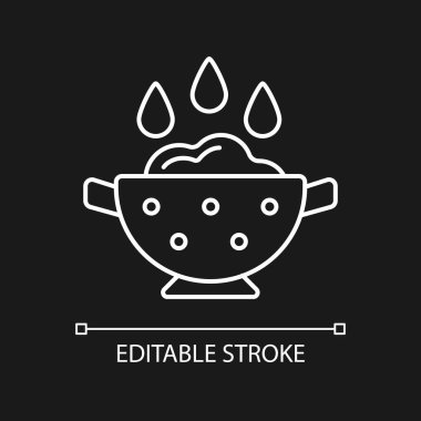 Koyu renk tema için beyaz doğrusal ikonu durula. Delikli kasede pirinç yıka. İnce çizgi özelleştirilebilir illüstrasyon. Gece modu için izole vektör kontur sembolü. Düzenlenebilir vuruş