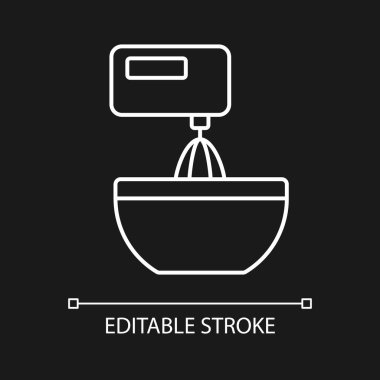 Koyu tema için karıştırıcı beyaz doğrusal simgesi. Yemek pişirme talimatlarında karışımı yenmek. Yemek hazırlama. İnce çizgi özelleştirilebilir illüstrasyon. Gece modu için izole vektör kontur sembolü. Düzenlenebilir vuruş