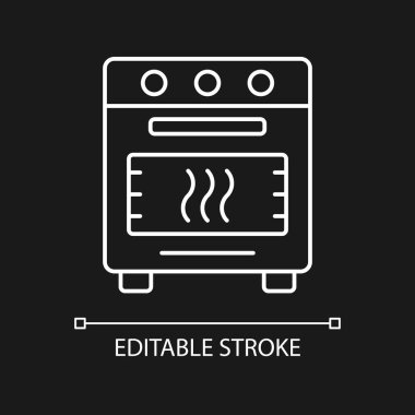 Koyu renk tema için fırın beyazı doğrusal simge. Ev yapımı fırın. Ev ocağında kızartılmış yemek. İnce çizgi özelleştirilebilir illüstrasyon. Gece modu için izole vektör kontur sembolü. Düzenlenebilir vuruş