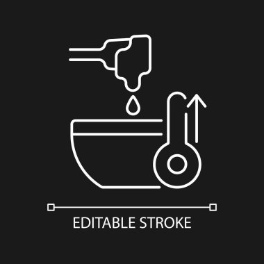 Karanlık tema için eritme bileşeni beyaz doğrusal simge. Dondurma hazırlamak için yüksek ateş. İnce çizgi özelleştirilebilir illüstrasyon. Gece modu için izole vektör kontur sembolü. Düzenlenebilir vuruş
