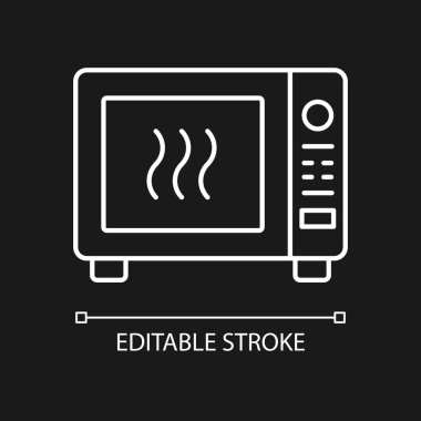 Koyu tema için beyaz mikrodalga doğrusal simge. Fırından ısıya hazır yemekler. Yemeği fırında kızartıyorum. İnce çizgi özelleştirilebilir illüstrasyon. Gece modu için izole vektör kontur sembolü. Düzenlenebilir vuruş